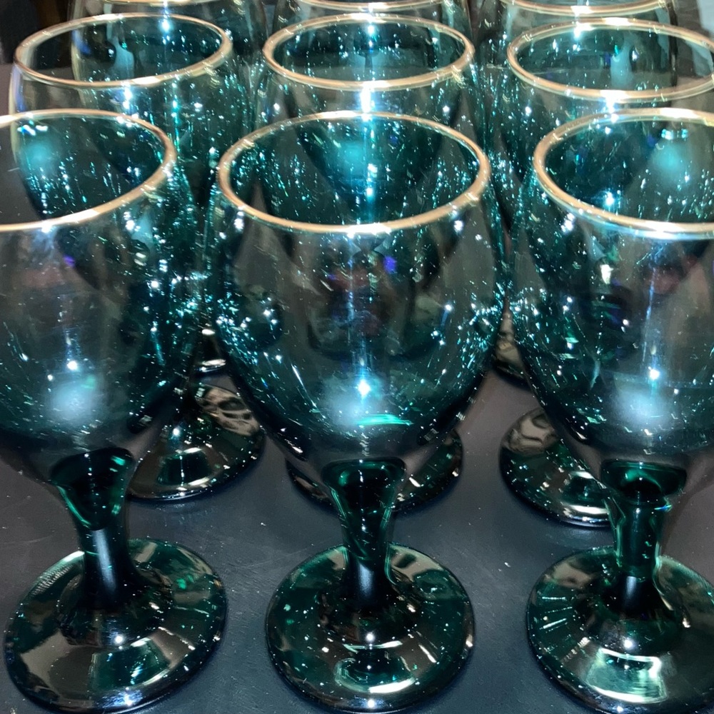 Set of 9  Libbey Teardrop green with gold rim wine glasses